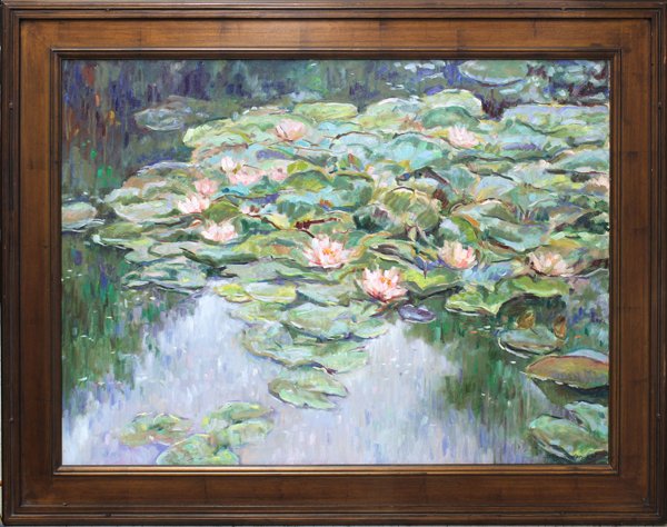 Painting, Sally Jordan, Water Lilies: Framed oil on canvas, ''Water Lilies,'' 1999, by Sally Jordan (Californian, Contemporary), signed lower right and verso, titled and dated verso, overall: 38.5''h x 48.5''w