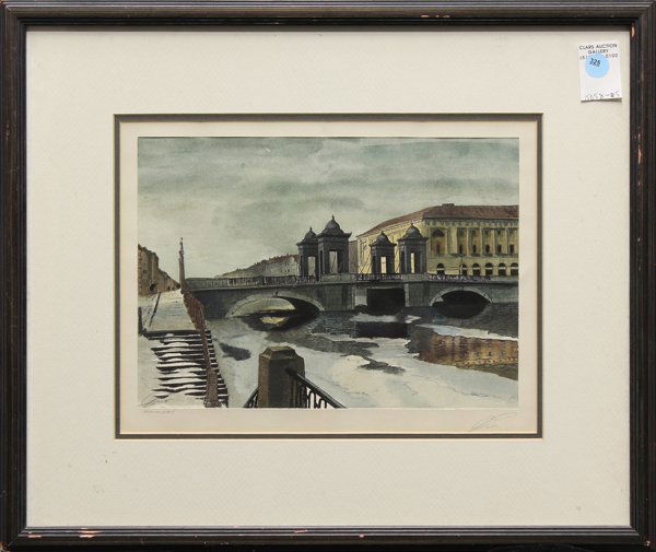 Watercolor, Oberbaum Bridge, German: Framed watercolor, Berlin Winter- Oberbaum Bridge, German School, 20th century, signed indistinctly ''Olin'' (?) lower left and right, overall: 17.5''h x 21.5''w