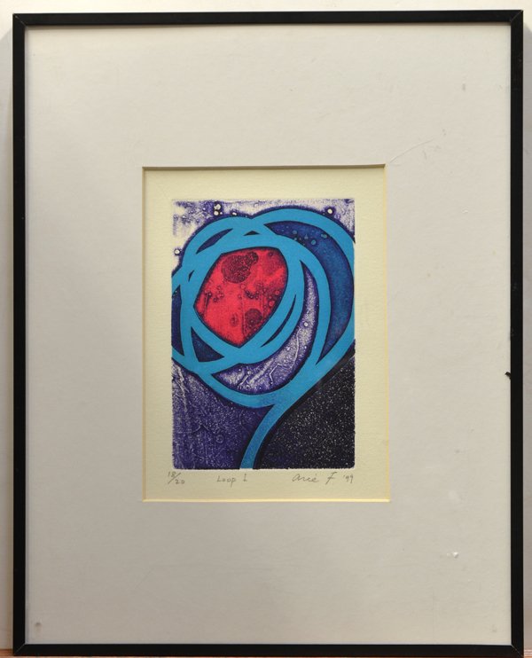 Prints by Minami and Arie F.: (lot of 3) Framed color lithographs, ''Arrangement-1'' and Abstract, 1999/2001 signed ''M. Minami'' and dated in lower right, and ''Loop L,'' 1999, signed and dated ''Arie F '99'' lower right, largest