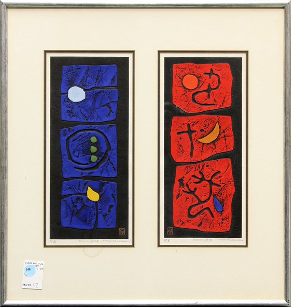Intaglio, Haku Maki, Poems: Framed pair of color intaglios, ''Poem 68-28'' and ''Poem 68-31,'' by Haku Maki (Japanese, 1924-2000), pencil signed, titled, and numbered editions of 51 within lower margins, overall: 19.5''h x 18.5'