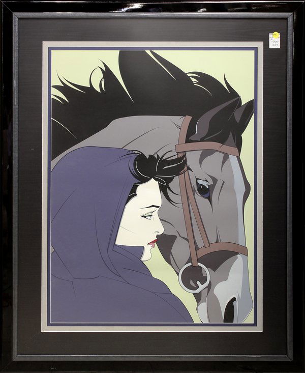 Serigraphs by Patrick Nagle: (lot of 2) Framed serigraphs, Lady and a Horse & Woman in Yellow, by Patrick Nagel (American, 1945-1984), unsigned, largest overall: 46''h x 35.5''w