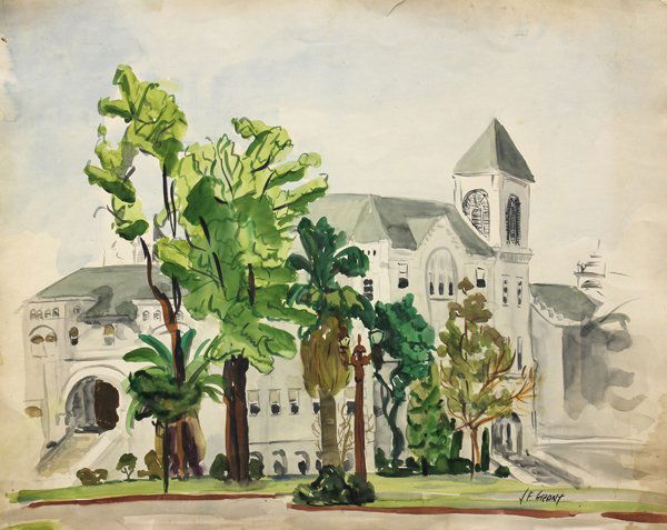 Watercolors, James Grant,: (Lot of 2) Unframed watercolors, Washington Square, by James Grant (Californian, 1924-1997), signed lower right, and Coastal Cypress, American School, 20th century, largest paper: 23''h x 29.5''w
