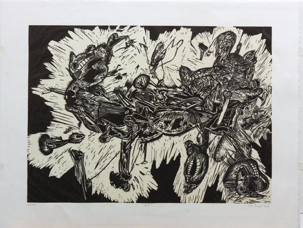 Linocut, Yves Doare, Can I?: Unframed linocut, ''Can I?,'' 2007, by Yves Doare (French, Contemporary), pencil signed, titled, dated, and numbered edition of 150 within lower margin, paper: 20''h x 26''w