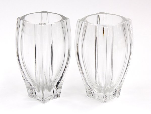 Scandinavian art glass group: Pair of Scandinavian art glass vases executed by Skruf, each having a tapered body and rising on a shaped base marked Skruf, 7.25''h (base chip)