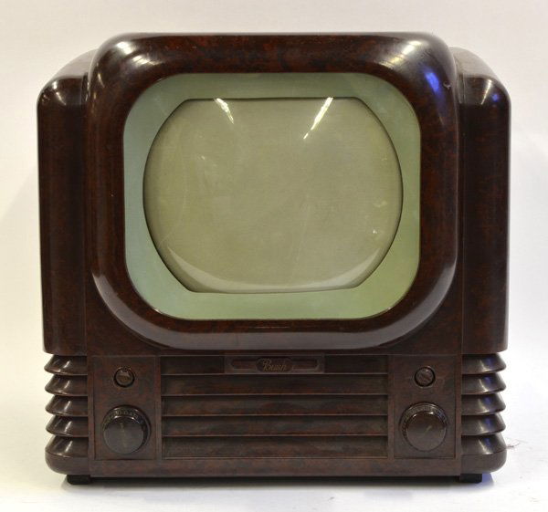 Good Bush Receiver: Good Bush radio/television receiver circa 1945, the Bakelite case enclosing a small television screen with two dials and speakers