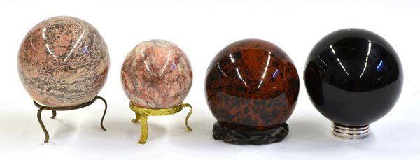 Mineral spheres: Four polished mineral spheres including Gold Sheen Obsidian, Rhodochrosite, and Jasper