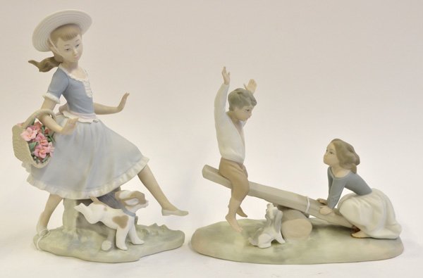 Lladro: (lot of 2) Lladro bisque porcelain sculptures including Country Lass with Dog, 10''; together with children on seesaw, 8''h x 9''l