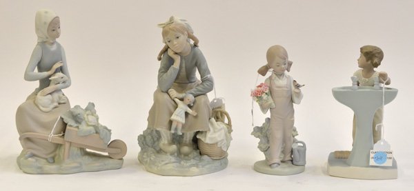 Lladro: (lot of 4) Lladro bisque figurines including Spring Flower Girl, Beautiful Daydreamer, Girl sitting with lamb, and girl at sink, tallest: 9''