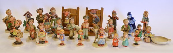 Hummels: (lot of 27) Hummels including ''Good Friends'' ''Trumpet Boy'' ''Hello'' ''Little Shopper'' ''Joyful'' ashtray, ''Goose Girl'' bookend, ''Farm Boy'' bookend ''Waiter'' ''Chimney'' 1st-6th marks, talle