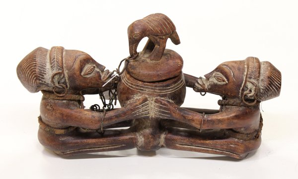 Luba-style D.R. Congo: Luba-style, D.R. Congo bird atop ''Phemba'' container, having lid with chain attached, 8''h x 15''w. Provenance: from the collection of the late Robert A. Scalapino, a Robson Research Professor of Gov