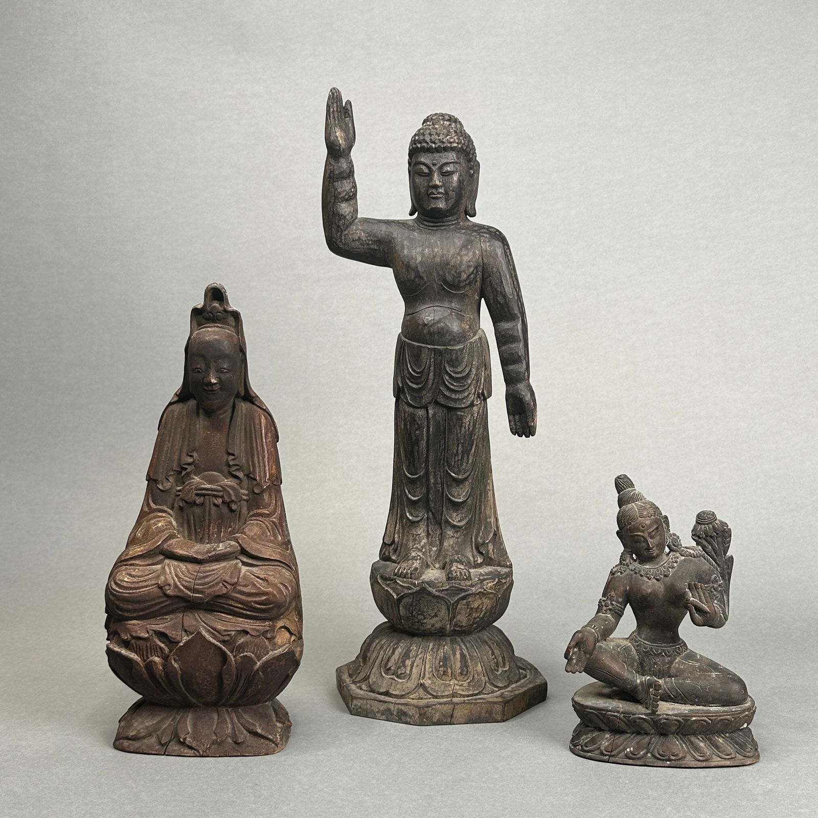 Three Carved Asian Deity Wood Figures, 19th Century (1 of 12)