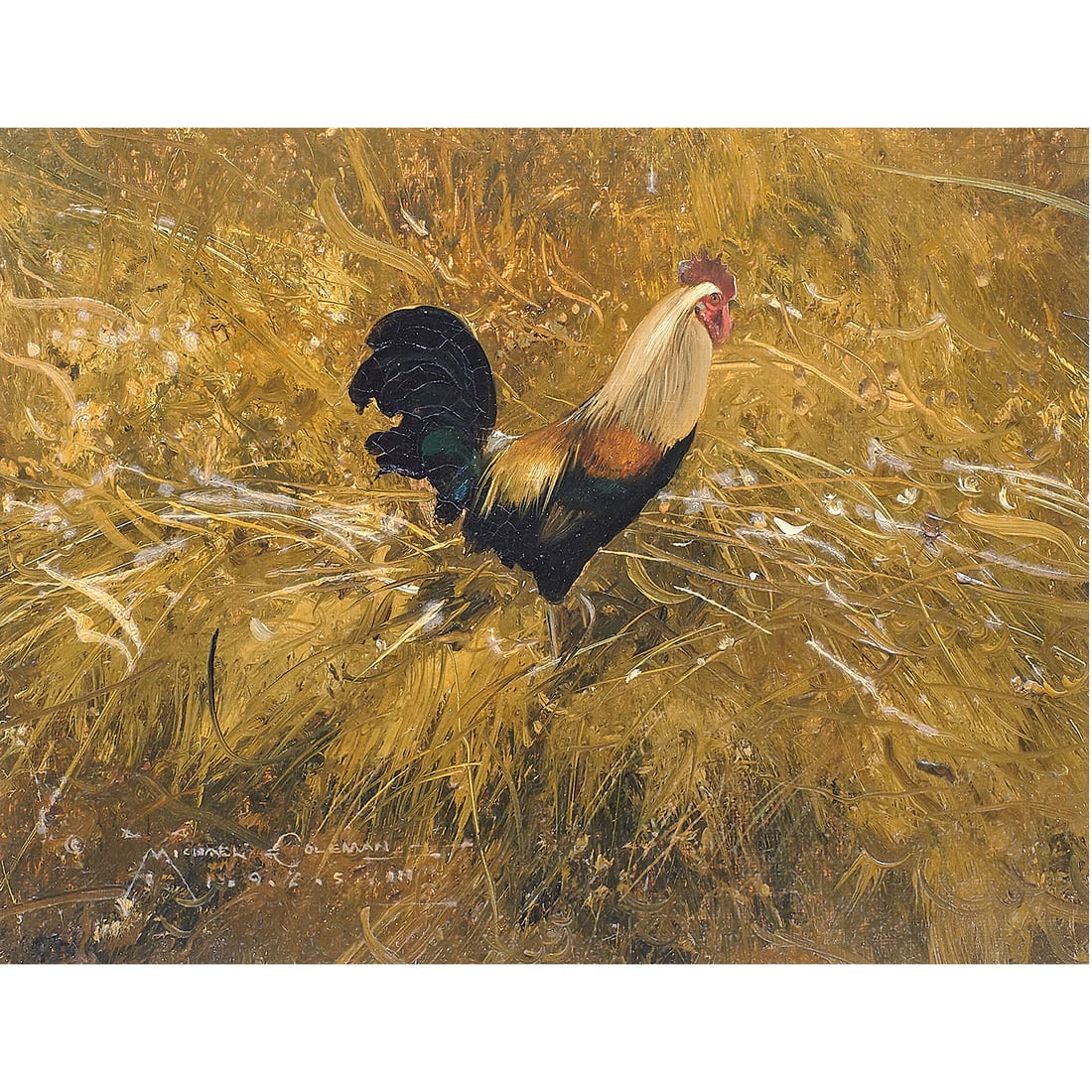 Painting, Michael Coleman: Michael Coleman (American, b. 1946), Rooster, oil on board, signed and dated lower left, sight: 7.25"h x 9.25"w, overall (with frame): 15"h x 17"w