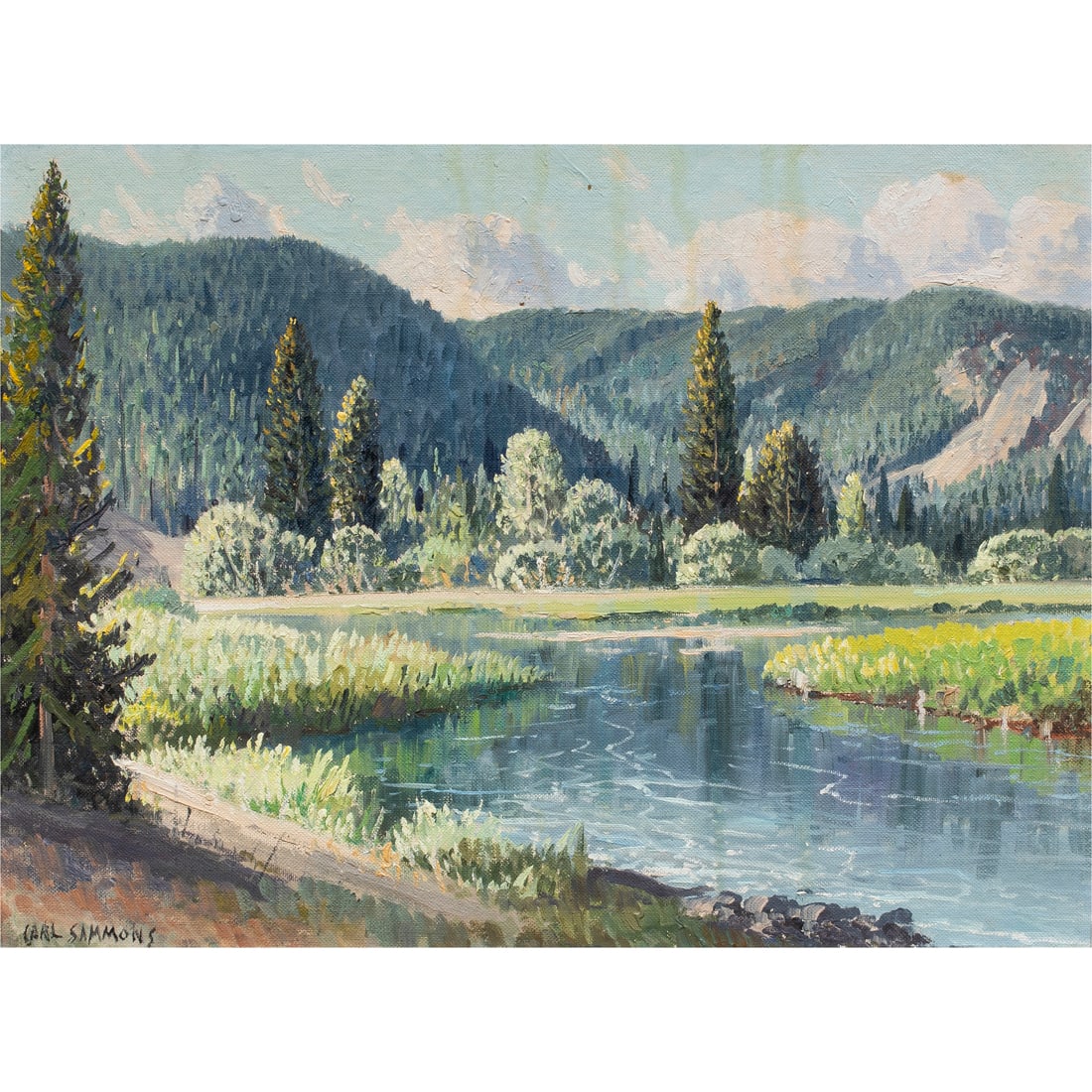 Painting, Carl Sammons: Carl Sammons (American, 1883-1968), Mountain Lake, oil on canvas affixed to board, signed lower right, sight: 11.25"h x 15.5"w, overall (with frame): 17.5"h x 22"w