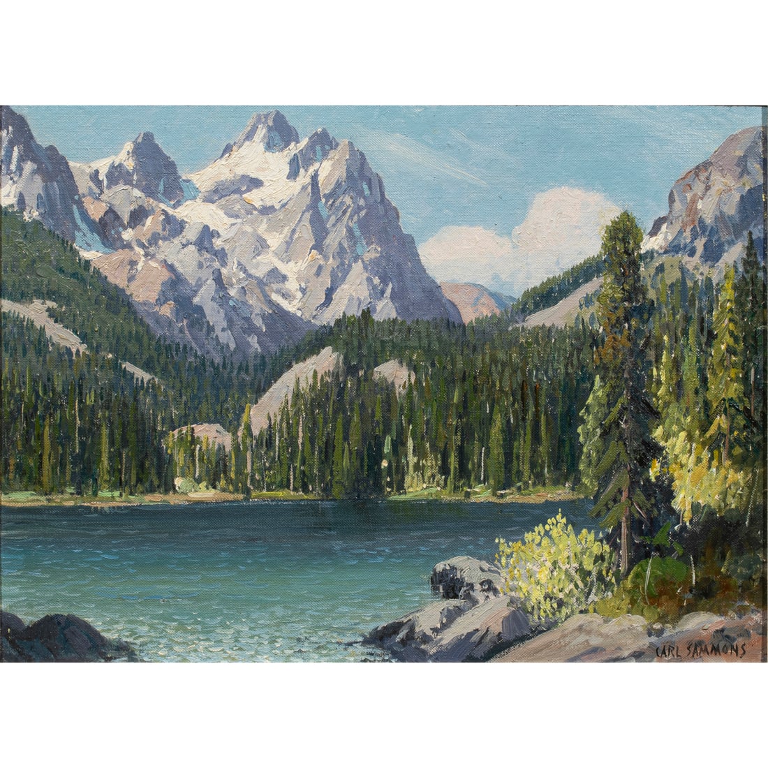 Painting, Carl Sammons: Carl Sammons (American, 1883-1968), "Madison River at Daybreak - Yellowstone National Park," oil on canvas affixed to board, signed lower left, sight: 11.25"h x 15.5"w, overall (with frame): 17.5"h x
