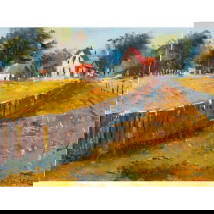 Painting, Ben Abril: Ben Abril (American, 1923-1995), Untitled (Fence Along a Country Road), oil on canvas, signed lower right, canvas: 18"h x 24"w, overall (with frame): 19"h x 25"w