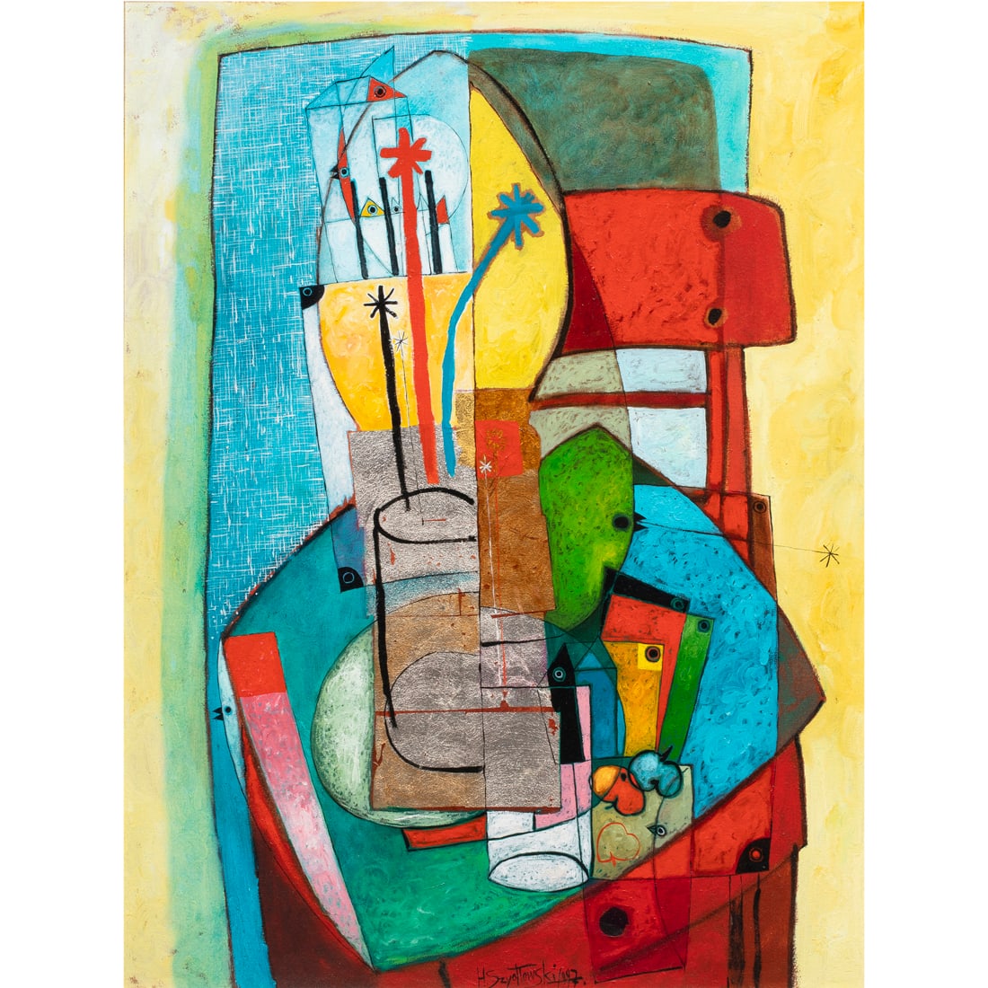 Painting, Henryk Szydlowski: Henryk Szydlowski (Australian, b. 1950), "Magic of the Still Life on the Red Chair," 1997, oil on canvas, signed and dated lower center, signed, titled, and dated verso, canvas: 39"h x 29.5"w, overall