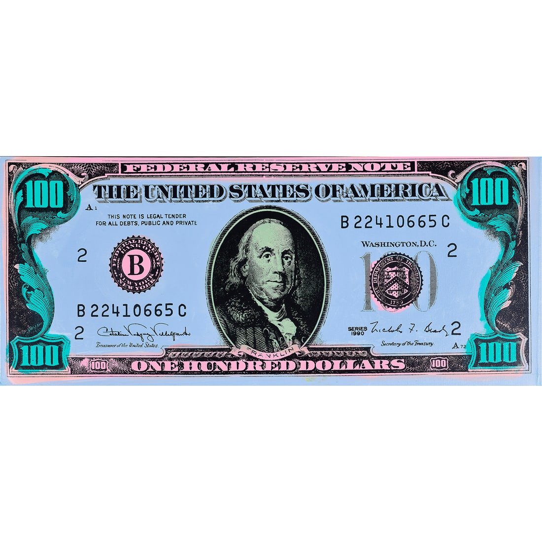 Mixed Media, Steve Kaufman: Steve Kaufman (American, 1960-2010), "Old $100 Bill (American Money)," serigraph and acrylic on canvas, initialed verso, gallery label (Martin Lawrence Gallery, San Francisco, CA) affixed verso, canva