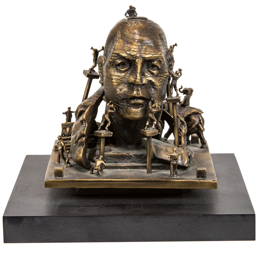 Sculpture, Attributed to Theodore Gall: Attributed to Theodore Gall (American, b. 1941), Building a Large Face, bronze sculpture on wood base, unsigned, overall (with base): 6"h x 6.5"w x 6.5"d