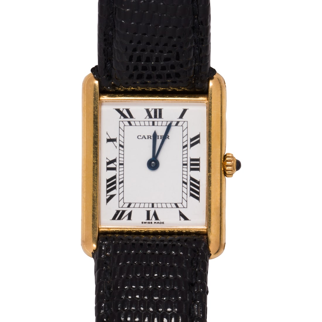 Cartier, An 18k gold 'Tank Louis' wristwatch: Cartier, An 18k gold 'Tank Louis' wristwatchSerial no. 8810527128. Quartz watch with rectangular white dial, black Roman numerals, round cabochon blue spinel crown, within screw-down case, on black sn