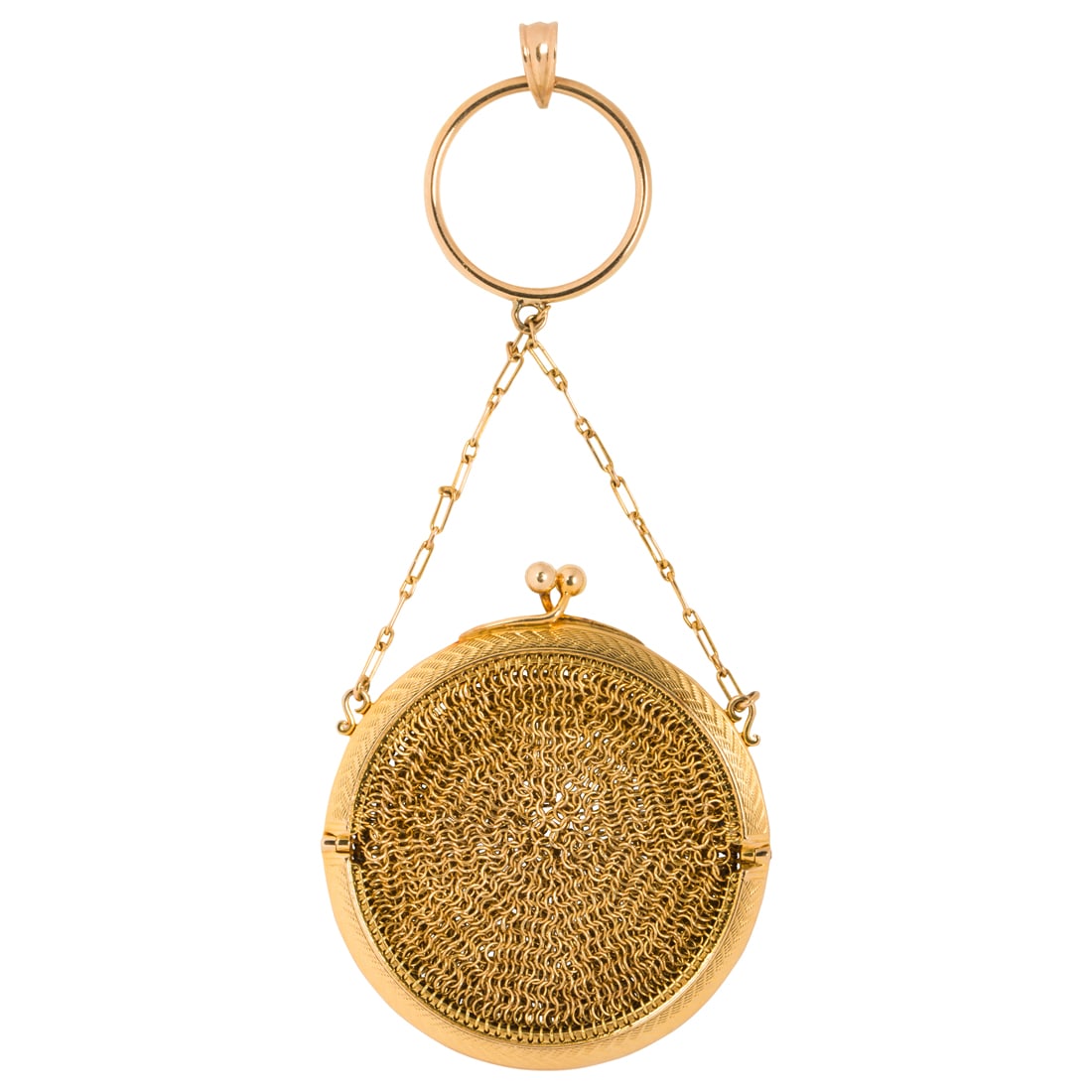 An antique 14k gold mesh coin purse: An antique 14k gold mesh coin pursewith later added pendant bail; 9.34 dwt; length: 3 1/4 in
