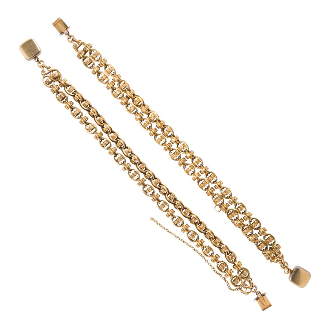 Two 10k gold bracelets: Two 10k gold braceletsboth of antique chain made into double strand bracelets, with gold-filled clasps; 24.91 gross dwt; lengths: 6 7/8 and 7 in