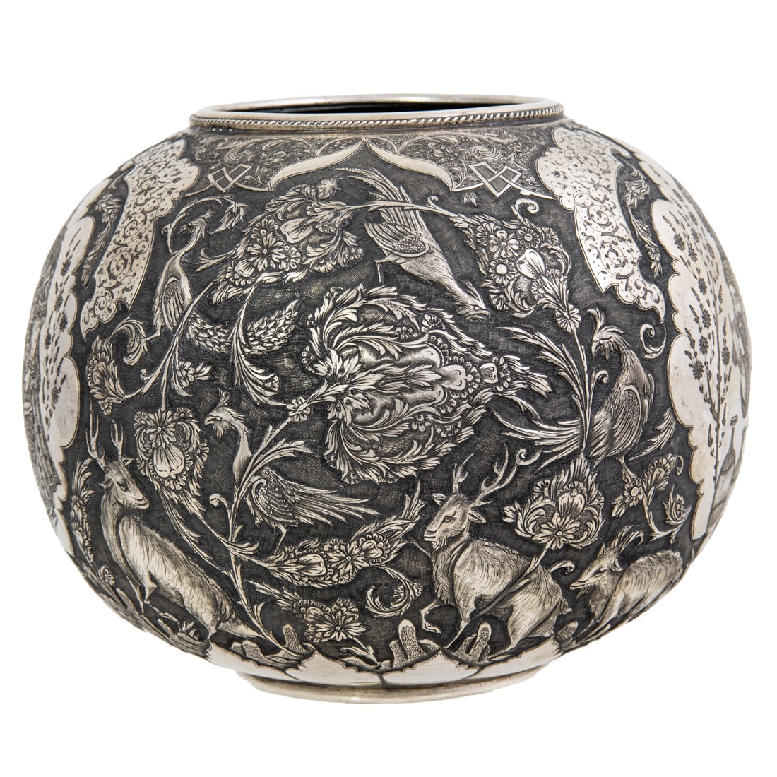 A Persian 875 silver vase: A fine Persian silver vase, the globular form continuously chased with figural decoration, 84 standard, 6.5"h x 9"d, 35.2 oz