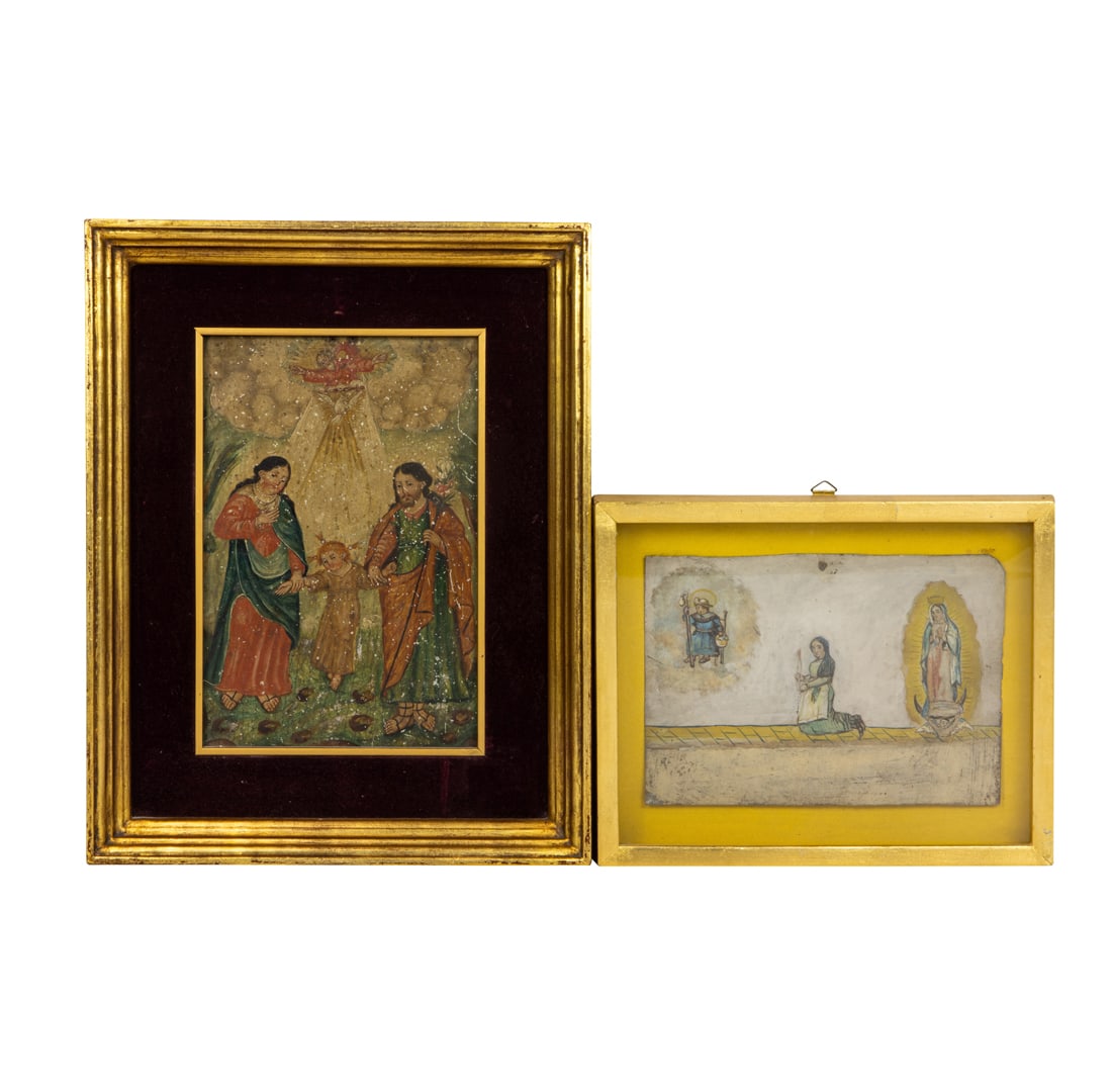 Two Spanish Colonial retablo paintings: Holy Family and Vision of Virgin Mary: Two Spanish Colonial retablo paintings on tin, 19th century, including the 'Holy Family' image size 10"h x 7"w, overall framed 14.75"h x 11"w; and the kneeling St. Bernadette witnessing the 'vision of