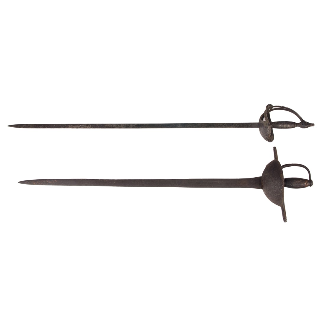 Two European swords with basket guards: a French rapier with fleur de lis, the other possibly: Two European swords with cast iron basket guards: a French rapier decorated with fleur de lis, the other possibly Spanish, the longer 38"l