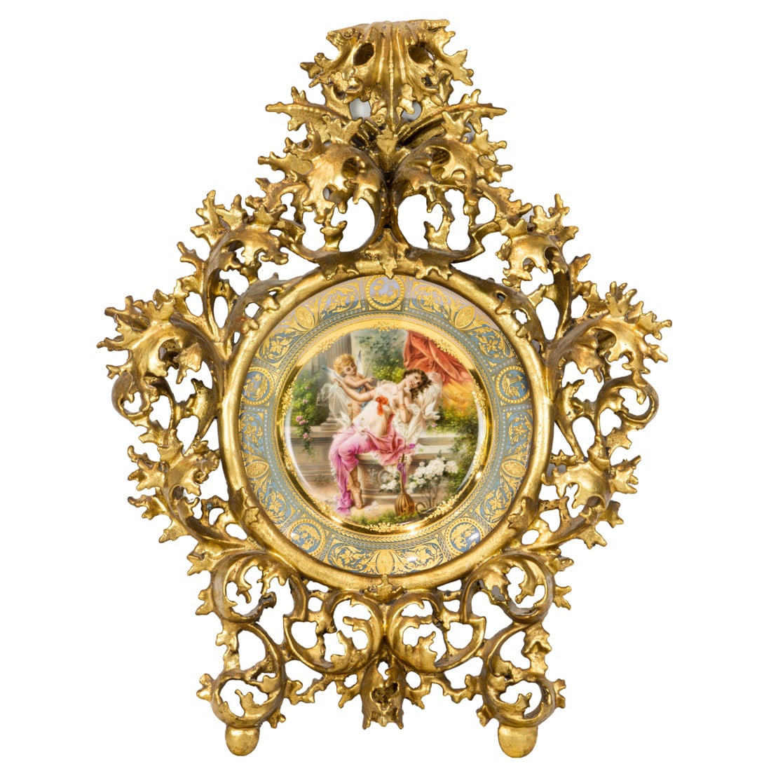 A fine Vienna style enamel 'jewel' and luster porcelain portrait cabinet plate: A fine Vienna style enamel 'jewel' and luster porcelain portrait cabinet plate, signed Wagner, early 20th century, finely painted with maiden and putto in garden, within a blue luster and enamel 'jewe