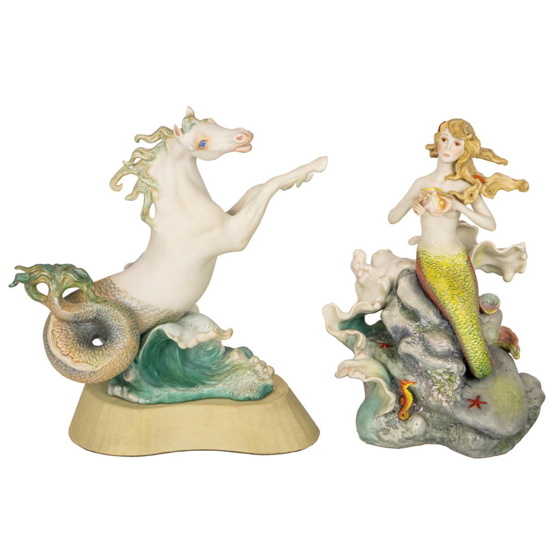 Two Cybis porcelain groups: "Oceania" and "Sharmaine: Two Cybis porcelain groups: "Oceania" and "Sharmaine, the Sea Nymph", each with impressed and painted factory marks, the 'Sea King's Steed' #246, the mermaid #123, greatest 13"h