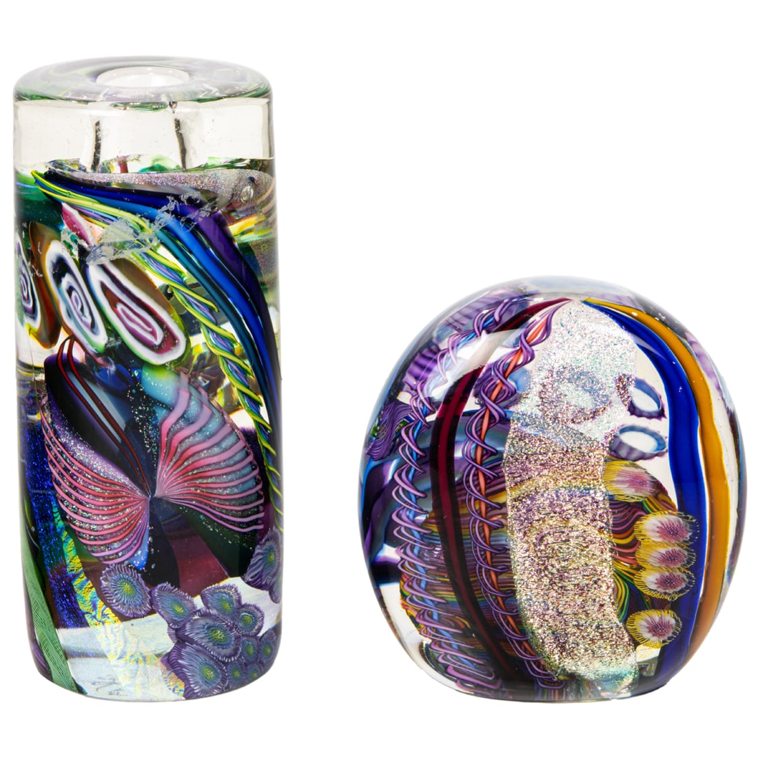 Two James Nowak aquarium paperweight glass articles: Two James Nowak aquarium paperweight glass articles, each with engraved signature, comprising cylindrical candlestick, 9"h and a boulder form paperweight, 4.25"h