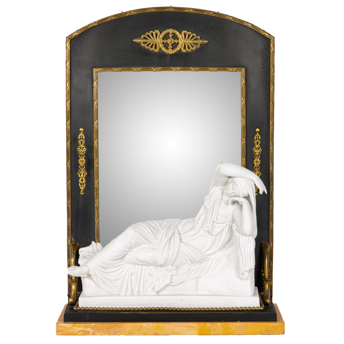 An Empire style parian porcelain and gilt bronze mounted table mirror: An Empire style parian porcelain, patinated and gilt bronze mounted table mirror, second half 19th/early 20th century, the figure of sleeping Ariadne before a beveled mirror plate and arched frame, al