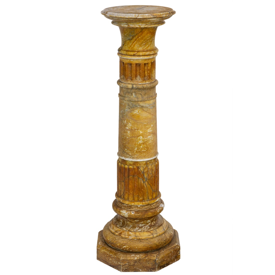 An Italian alabaster presentation pedestal circa 1870: An Italian alabaster presentation pedestal circa 1870, the columnar form with reeded and fluted standard terminating on a graduated base, 44"h (overall); 12"dia (top)