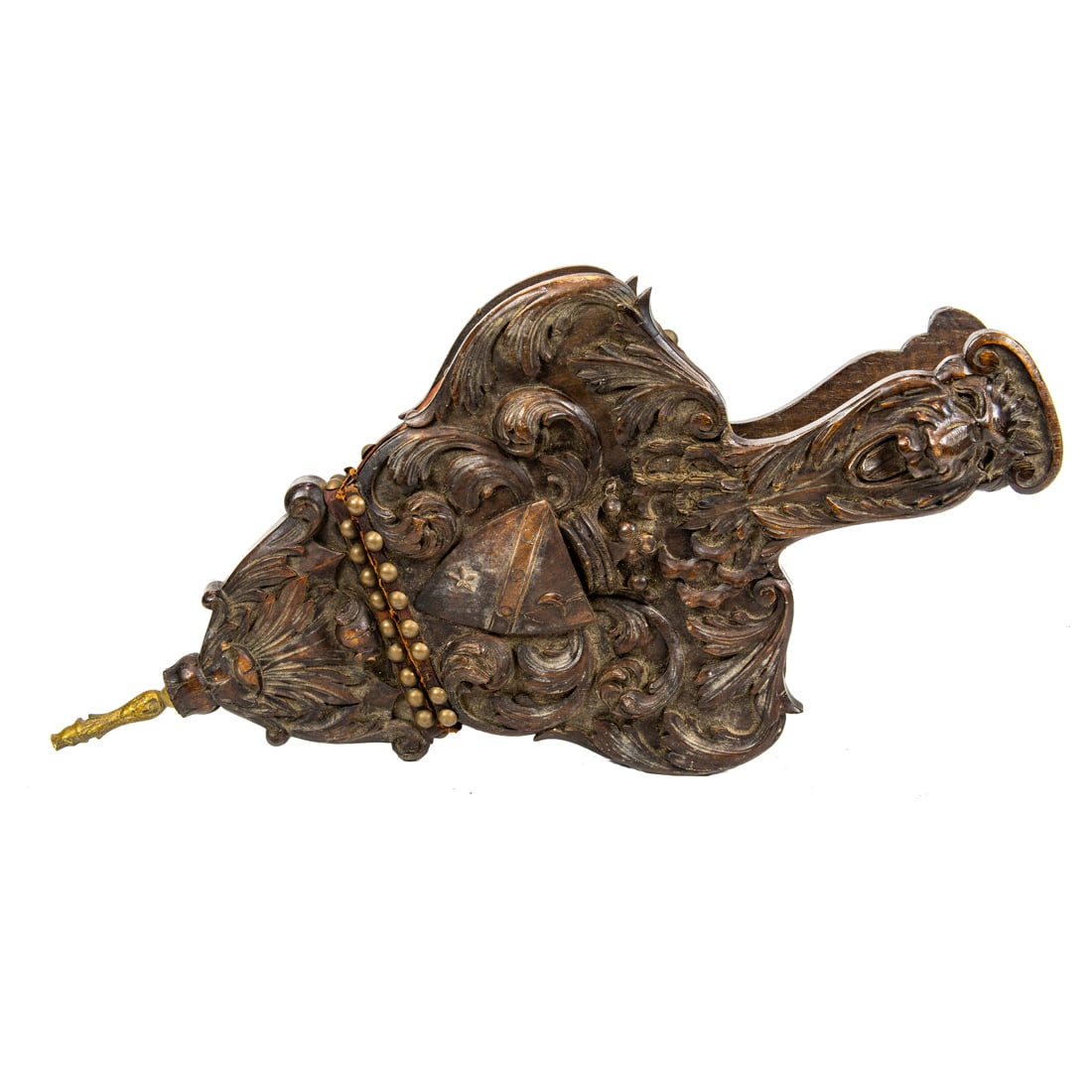 A pair Spanish Baroque style walnut bellows: A pair Spanish Baroque style walnut bellows carved with scrolling acanthus leaves and heraldic shield, 22" x 11"