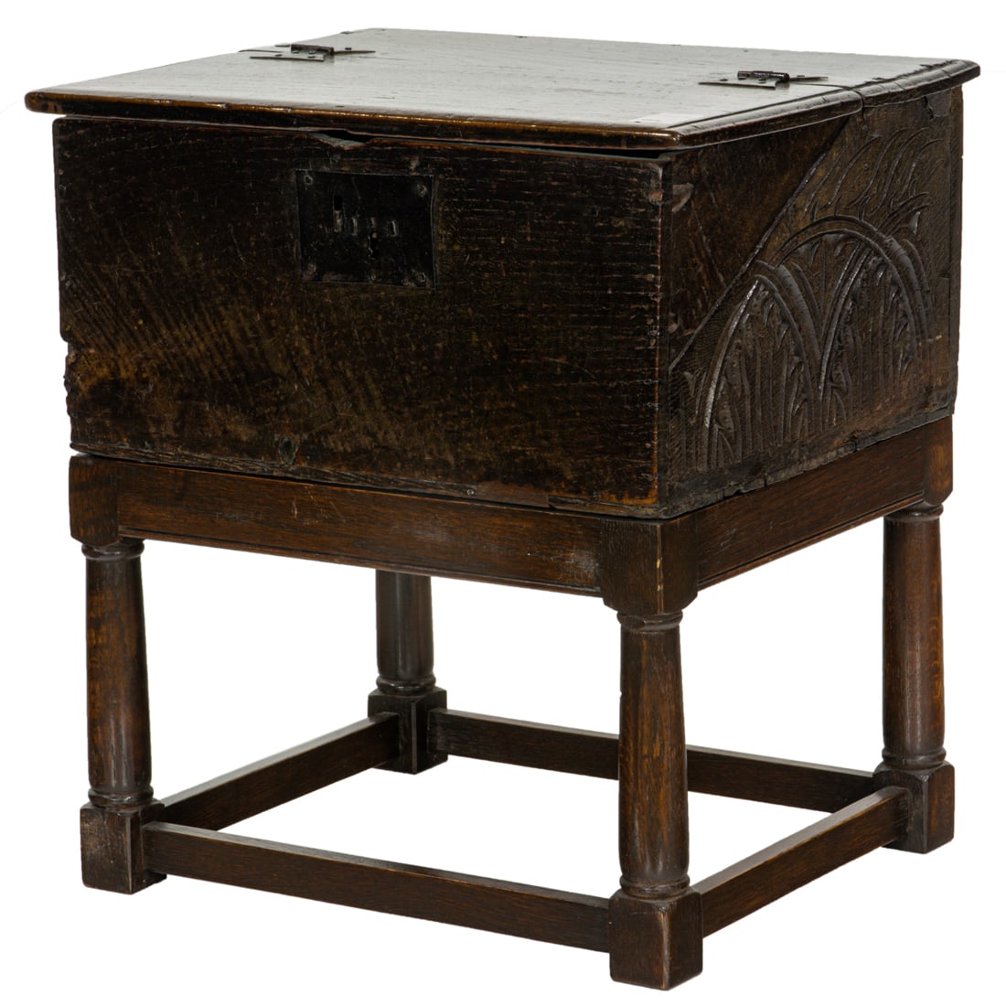A diminutive William and Mary oak chest on stand: A diminutive William and Mary oak chest, a lift top with butterfly hinges, rising on a later stand, 22"h x 20.75"w x 16"d