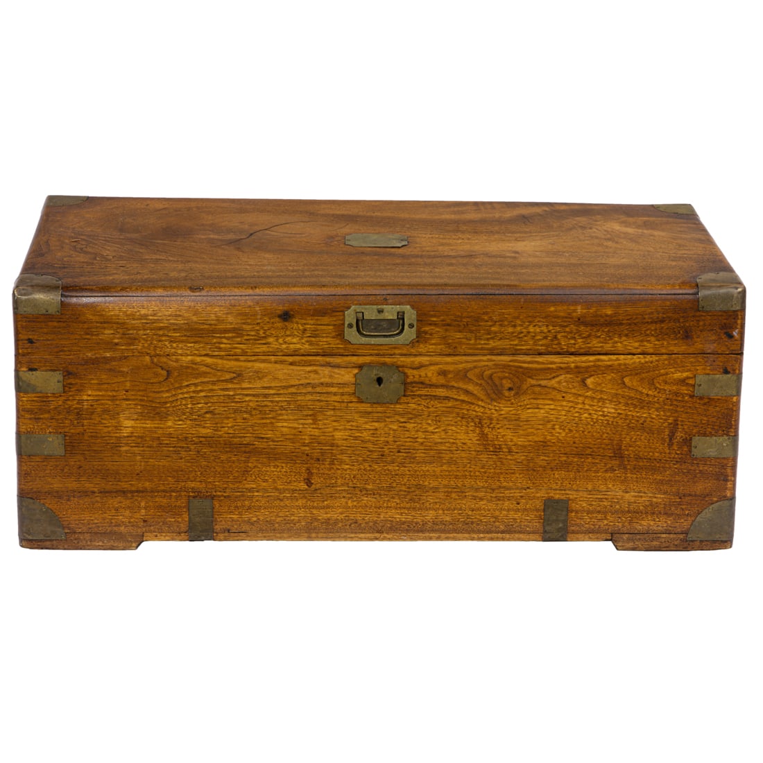 A Victorian brass mounted teak campaign chest: A Victorian brass mounted teak campaign chest, 12"h x 31.5"w x 15"d