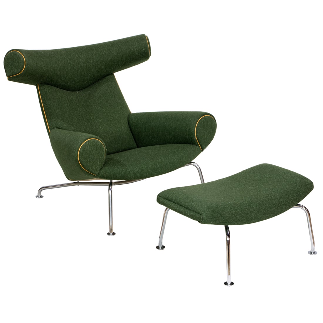 A Hans J Wegner Ox chair AP46 and ottoman AP49: A Hans J. Wegner Ox chair AP 46 and ottoman AP49, Danish, green tweed wool upholstery with tan leather piping, chrome-plated steel feet; chair 35.5"h x 37"w x 39"d; ottoman 13.5"h x 31"w x 17"d