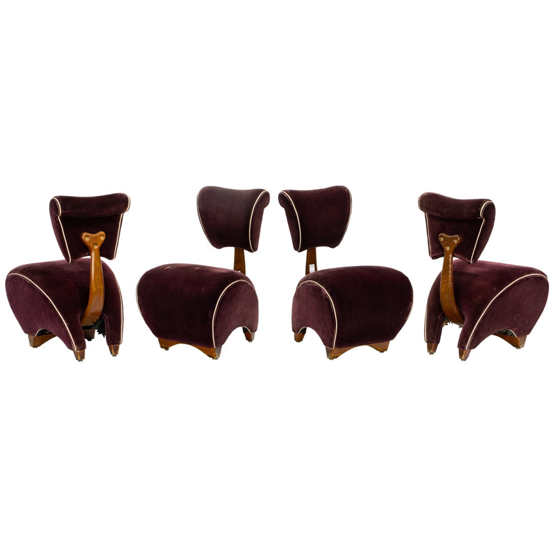 A suite of four Art Deco style Jordan Moser side chairs: A suite of four Art Deco style Jordan Moser side chairs, each with original auberge velvet upholstery and wood supports, 33"h x 21"w