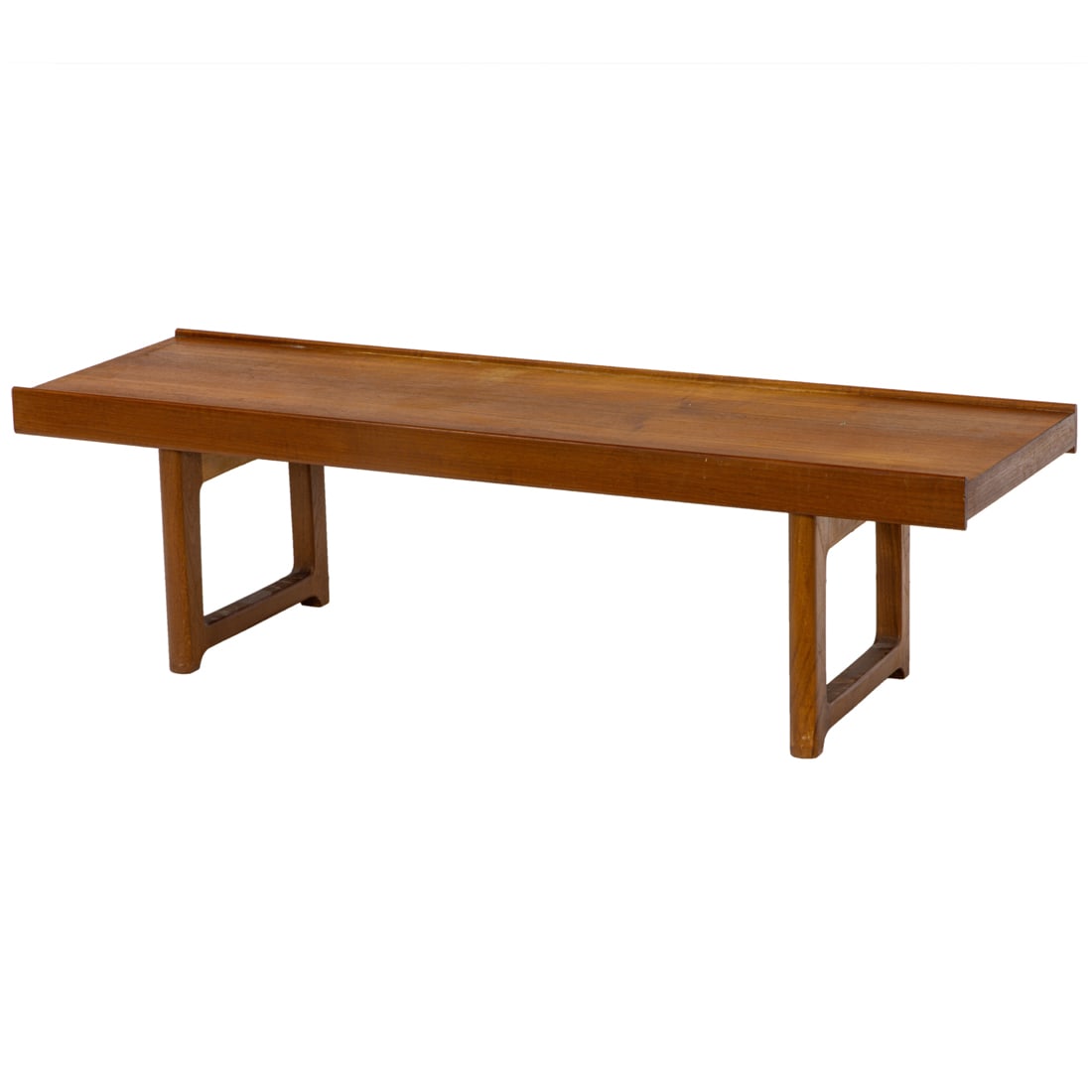 A Mid Century Modern Norwegian teak bench, 'Miellem Strands/Trevare Industri/Norway' l: A Mid Century Modern Norwegian teak bench, 'Miellem Strands/Trevare Industri/Norway' label on base, 13.5"h x 47.5"w x 14.5"d