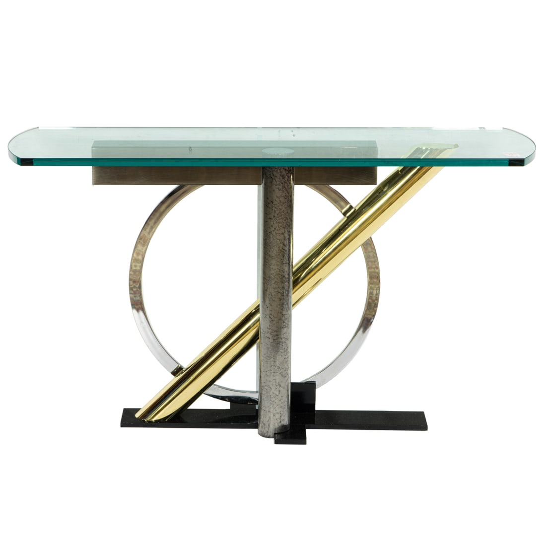 A Kaizo Oto for DIA geometric brass and stainless steel console table with glass top,: A Kaizo Oto for DIA geometric brass and stainless steel console table with glass top, fashioned in the Memphis style, 27.5"h x 48"w x 14"d