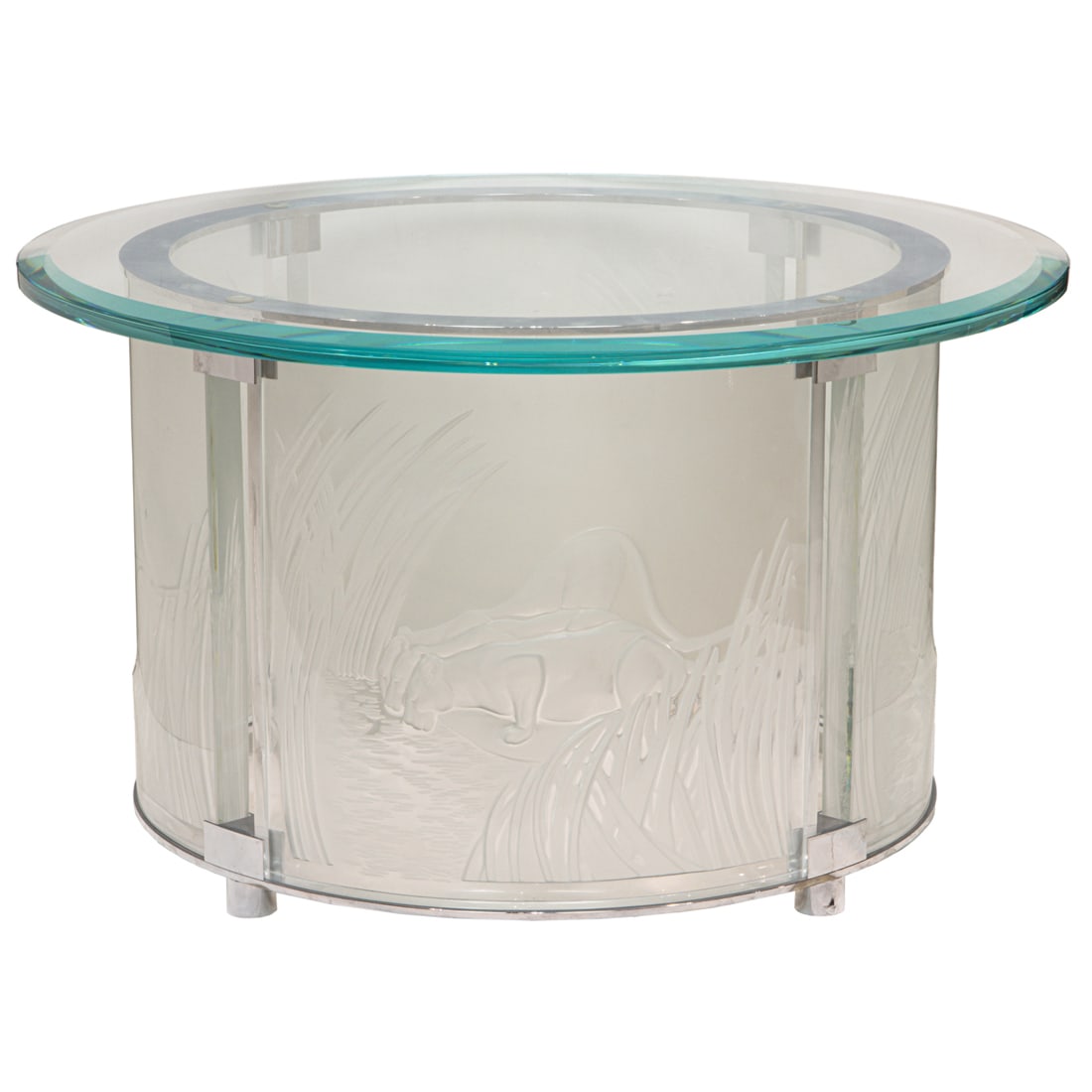 A Lalique 'Three Lioness' frosted glass paneled table: A Lalique 'Three Lioness' frosted glass paneled table, the round beveled glass top over the polished chrome cylindrical based fitted with four frosted glass semi-circular curved panels, on a collar ba