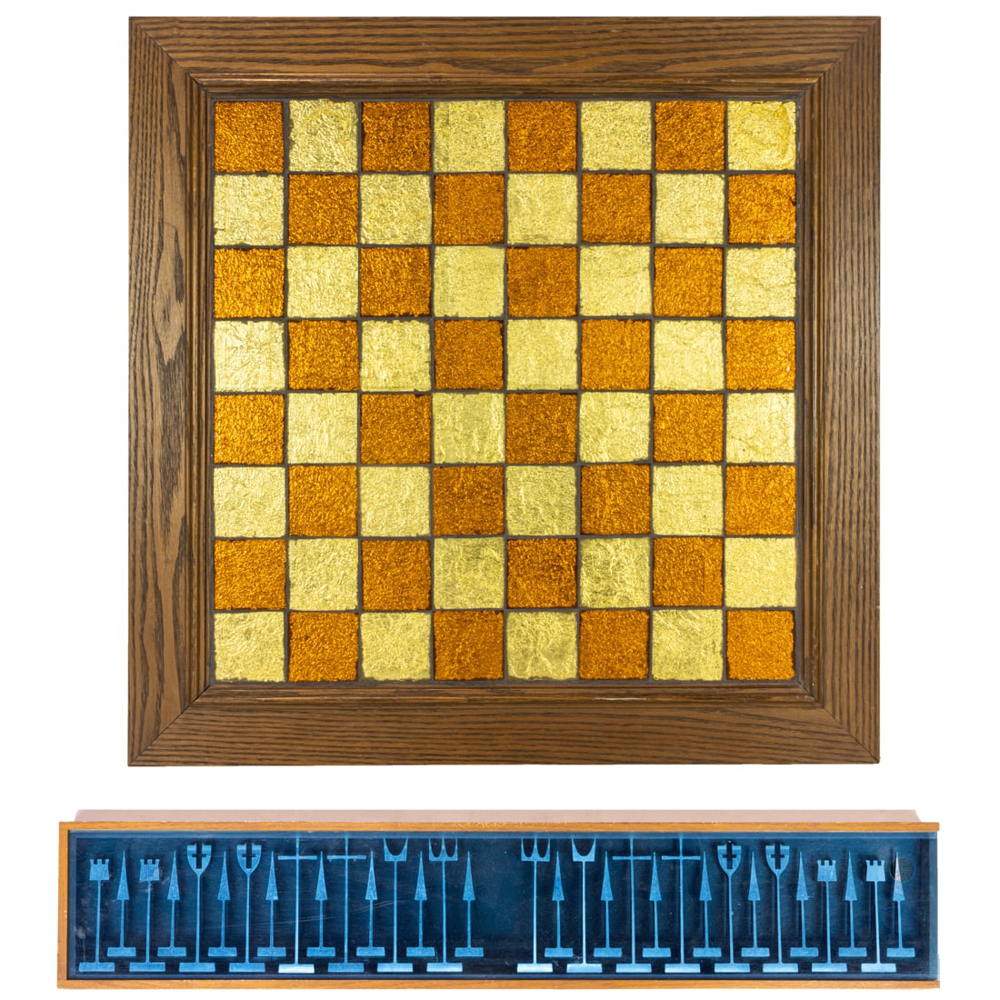 An Austin Cox for Austin Enterprises aluminum chess set with case and board, designed 1962: An Austin Cox for Austin Enterprises aluminum chess set with case and board, designed 1962, composed of 32 game pieces each marked '(c) 1962 Austin Enterprises', between 3.75"h and 4.75"h; case with b