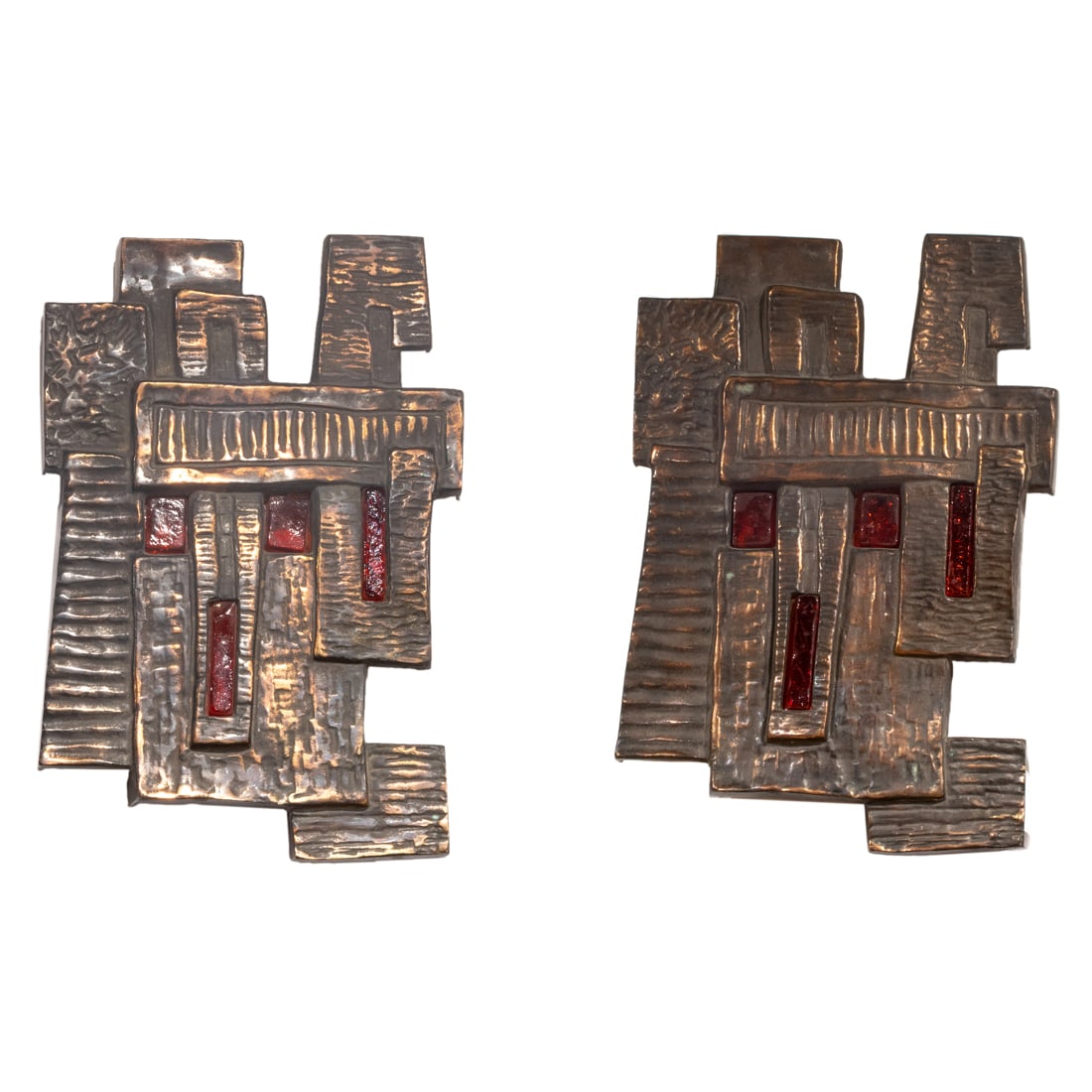 A pair of Brutalist patinated metal and glass wall appliques or sculptures, third quarter 20th: A pair of Brutalist patinated metal and glass wall appliques or sculptures, third quarter 20th century, 18.5"h x 12.5"w