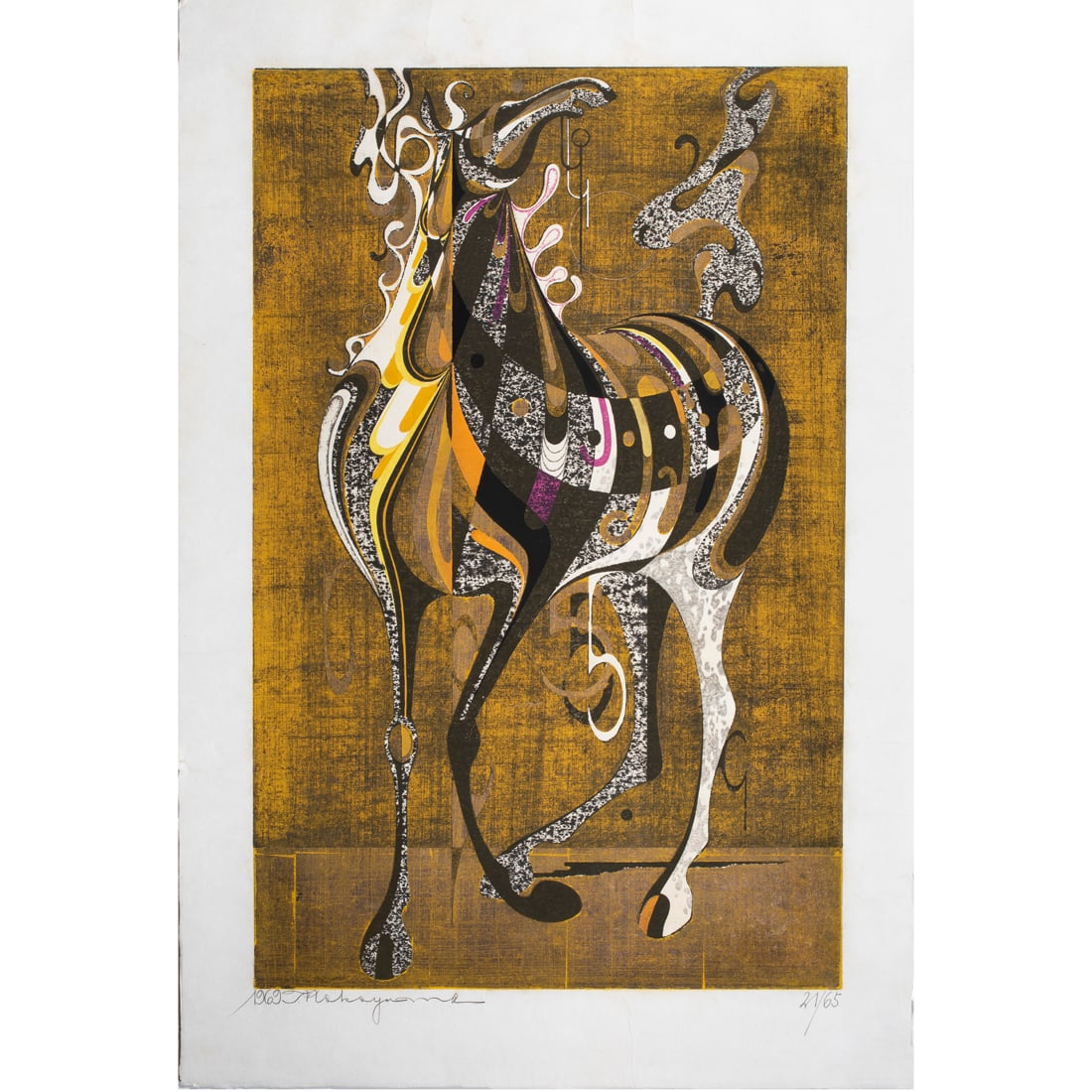 Tadashi Nakayama (1927 - 2014) - Armored Horse (A): Tadashi Nakayama (1927 - 2014) - Armored Horse (A). Original limited-edition color woodblock print on gold leaf. Numbered: #21/65. Series: Horses. Date: 1969. Signed, dated and titled in pencil by the