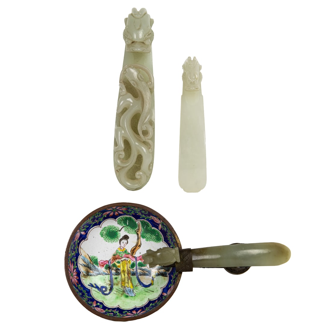 (lot of 3) Chinese jade dragon belt hooks: (lot of 3) Chinese jade dragon belt hooks. From 3.25 to 4.5" across.