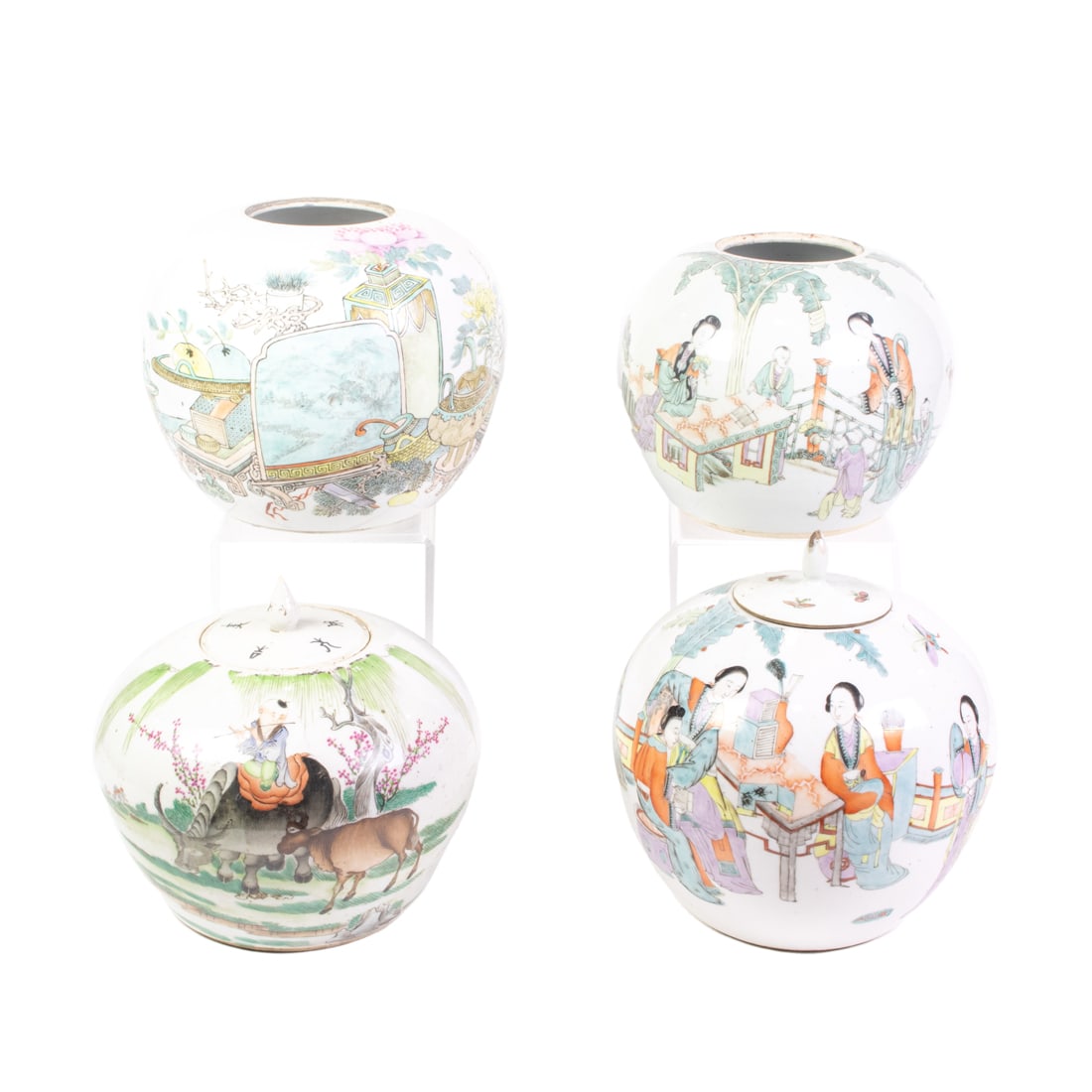 (lot of 4) Chinese famille rose jars: (lot of 4) Chinese famille rose jars. Depicting various figures and flowers, Republic period, from 7.75" to 9" high. Provenance: Estate of Reynold Tom, Piedmont, California.