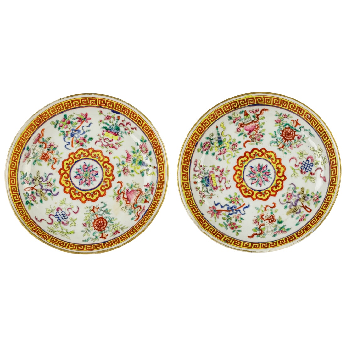 (lot of 2) Chinese famille rose saucer dishes: (lot of 2) Chinese famille rose saucer dishes. The center painted with a blossoming floral pattern, within a surround of the eight Buddhist emblems, Guangxu six-character mark and period, 5.625" acros