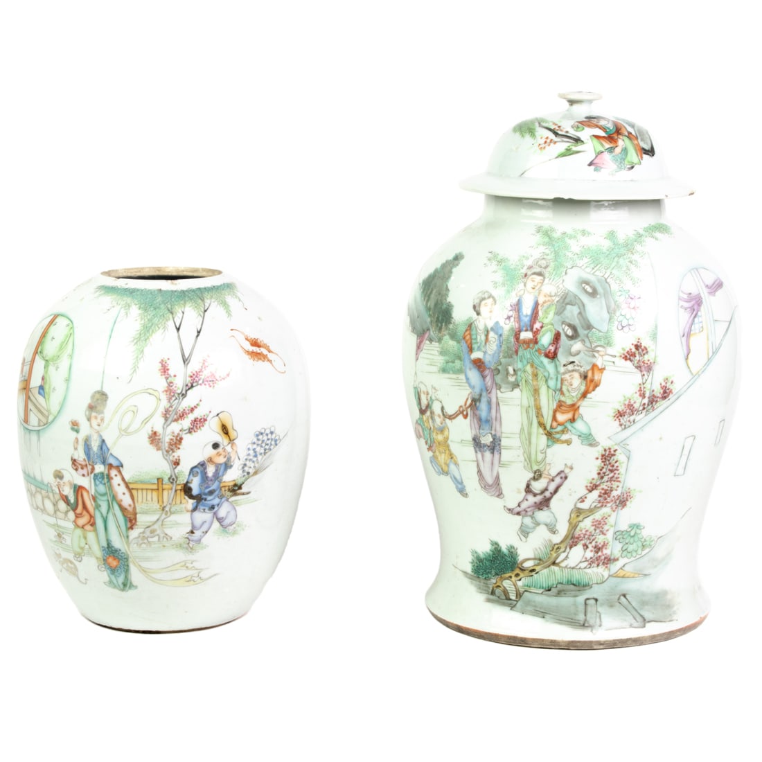 (lot of 2) Chinese famille rose jars: (lot of 2) Chinese famille rose jars. Depicting various figures and flowers, Republic period, 10.75" and 15.75" high. Provenance: Estate of Reynold Tom, Piedmont, California.
