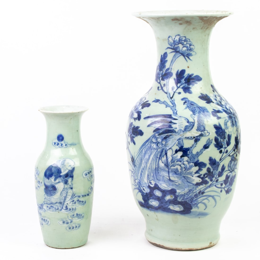 (lot of 2) Chinese blue and white vases: (lot of 2) Chinese blue and white vases. Each decorated on a celadon glazed ground, late 19th century, 10" and 16.625" high. Provenance: Estate of Reynold Tom, Piedmont, California.
