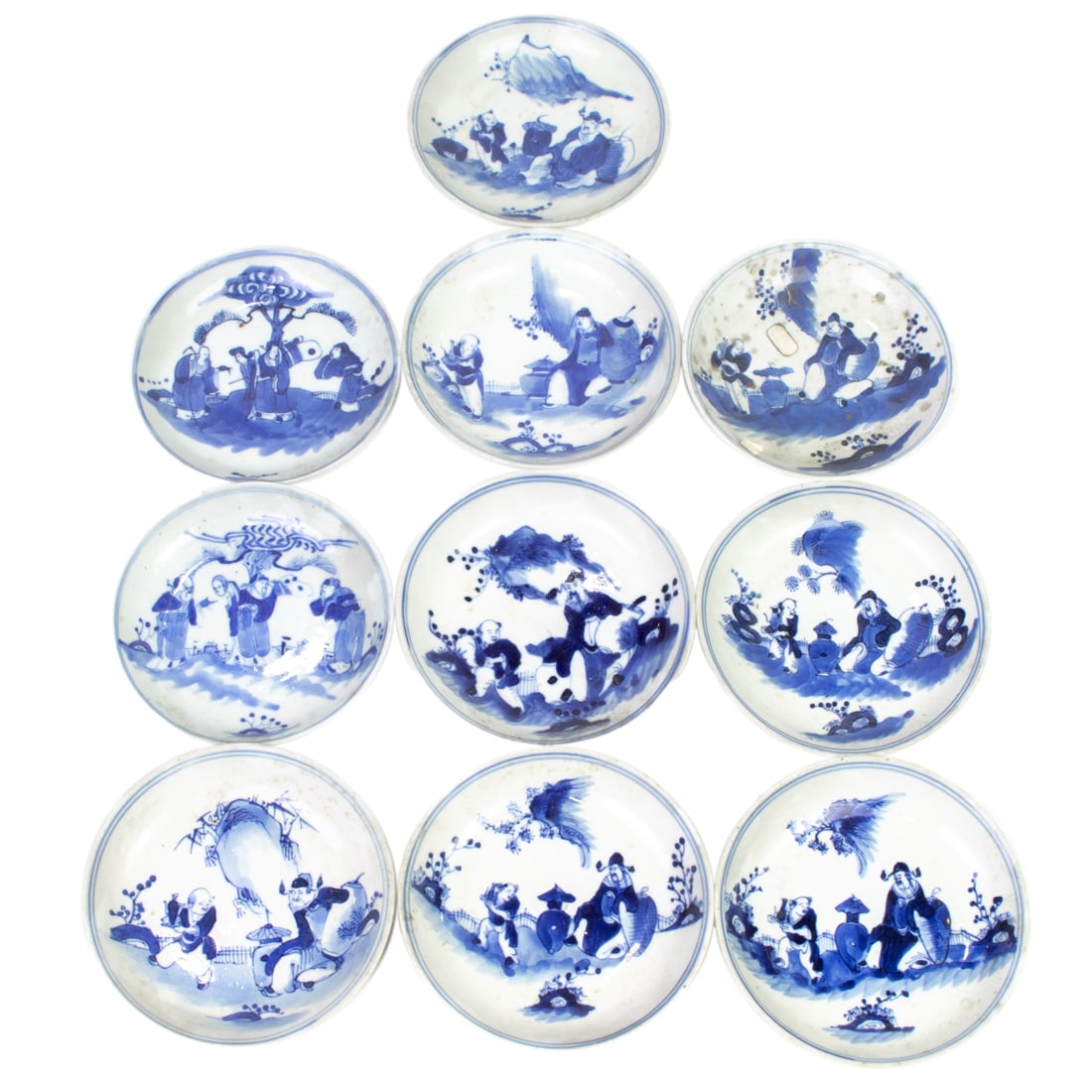 (lot of 10) Chinese blue and white dishes: (lot of 10) Chinese blue and white dishes. Decorated with figures, each bearing a Qianlong four-character mark, late 19th century, 5.5" across. Provenance: Estate of Reynold Tom, Piedmont, California.